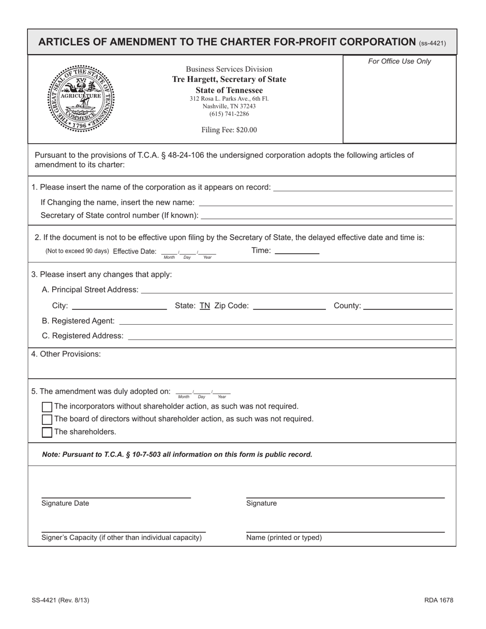 Form SS-4421 Articles of Amendment to the Charter for-Profit Corporation - Tennessee, Page 1