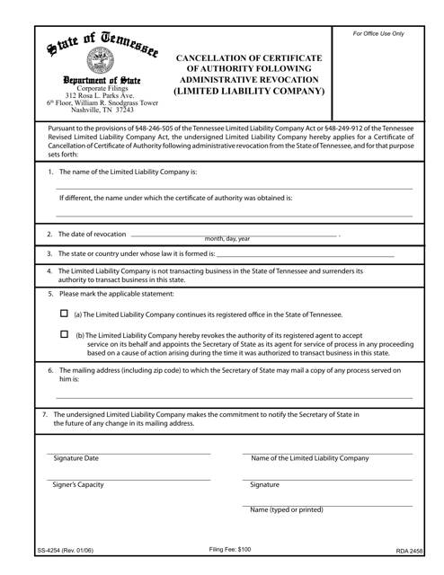 Form SS-4254 Cancellation of Certificate of Authority Following Administrative Revocation (Limited Liability Company) - Tennessee