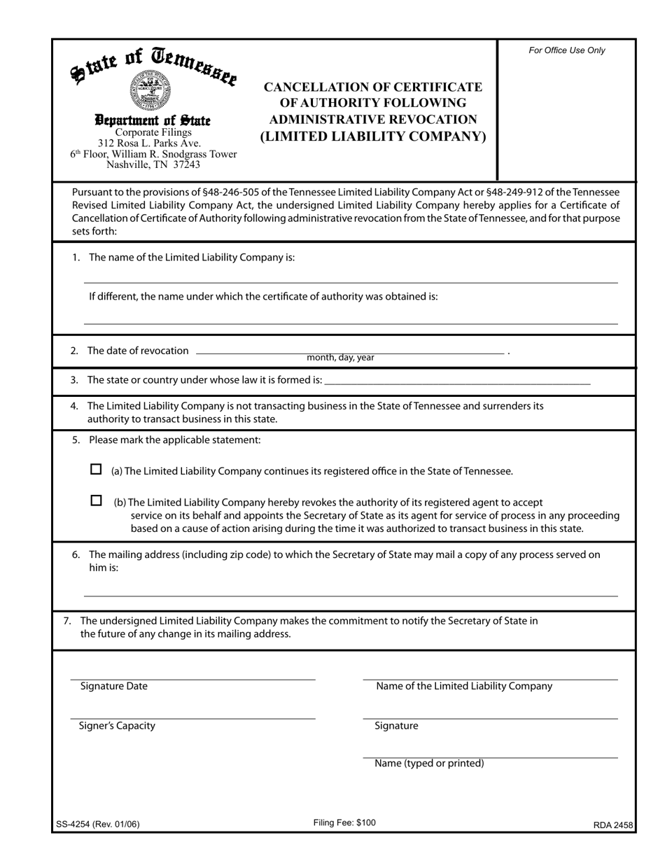 Form SS-4254 Cancellation of Certificate of Authority Following Administrative Revocation (Limited Liability Company) - Tennessee, Page 1