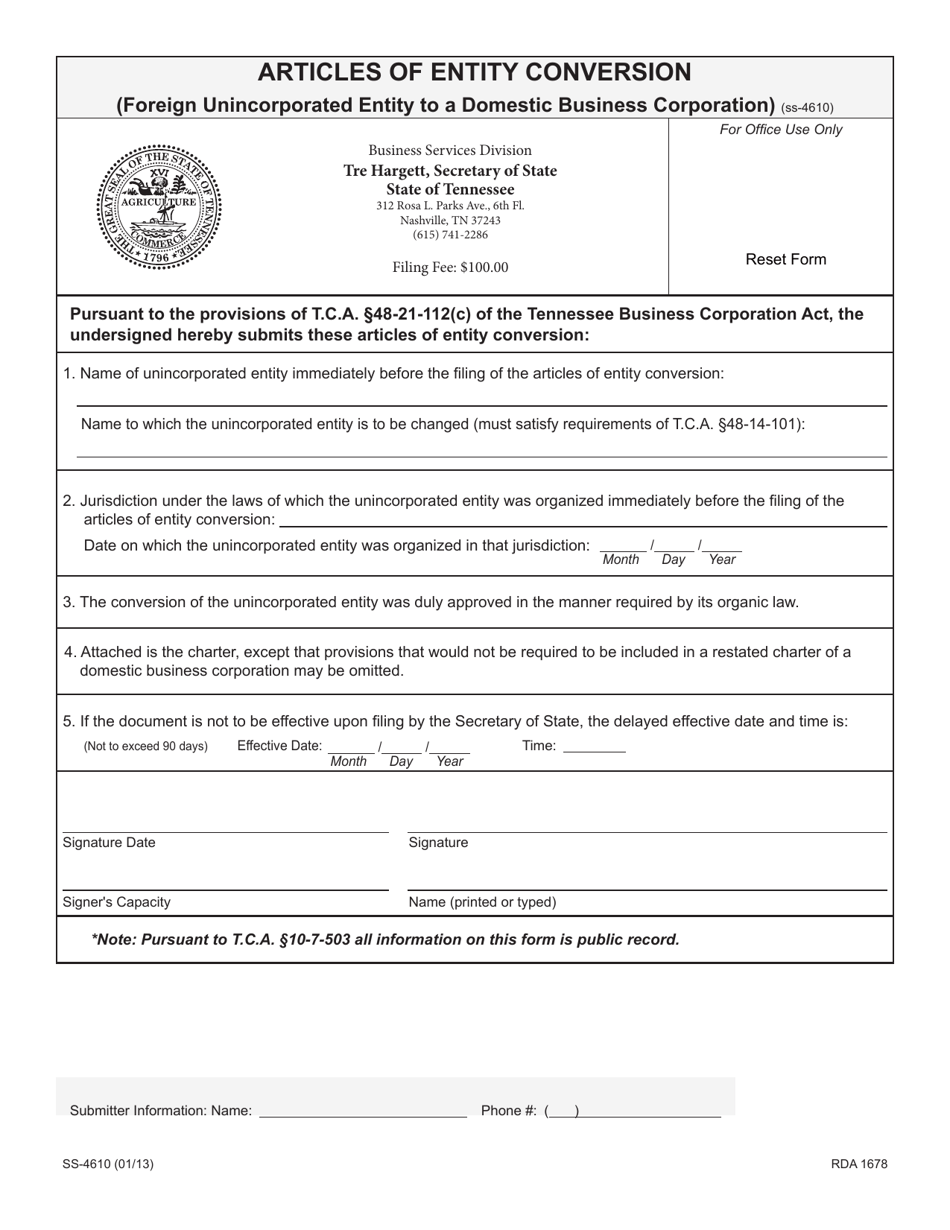 Form SS-4610 Articles of Entity Conversion (Foreign Unincorporated Entity to a Domestic Business Corporation) - Tennessee, Page 4