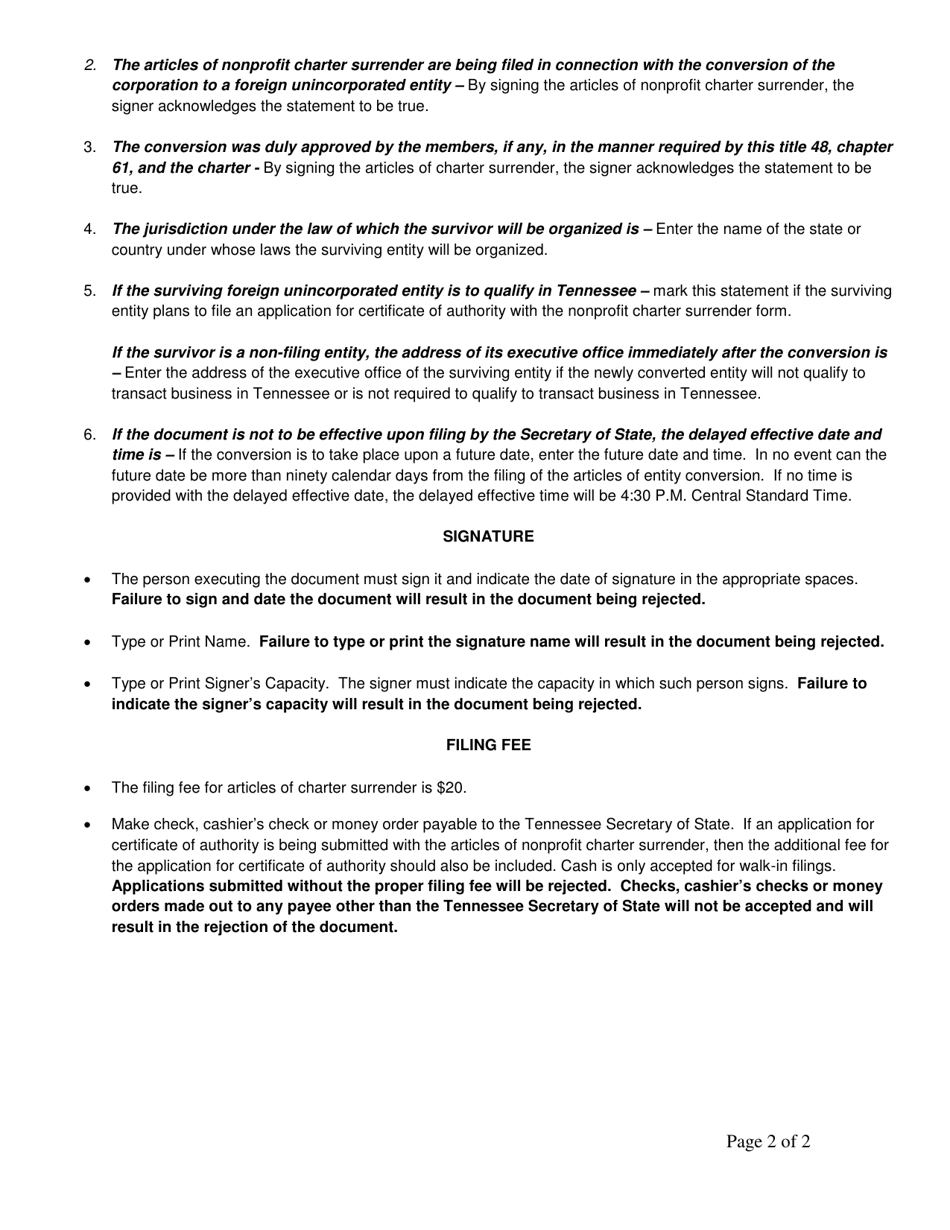 Form SS-9408 Articles of Nonprofit Charter Surrender - Tennessee, Page 2