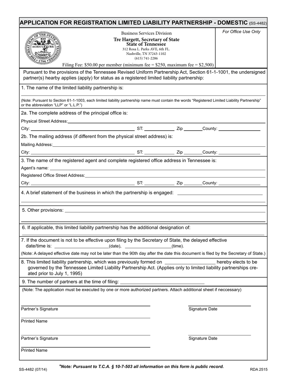 Form SS-4482 Application for Registration Limited Liability Partnership - Domestic - Tennessee, Page 1