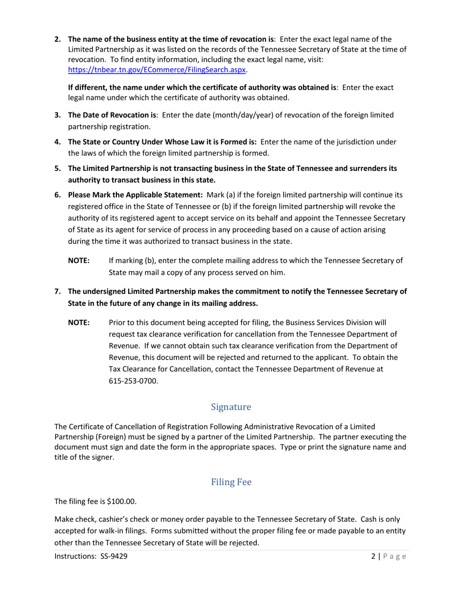 Form SS-9429 Certificate of Cancellation of Registration Following Administrative Revocation (Limited Partnership) - Tennessee, Page 2