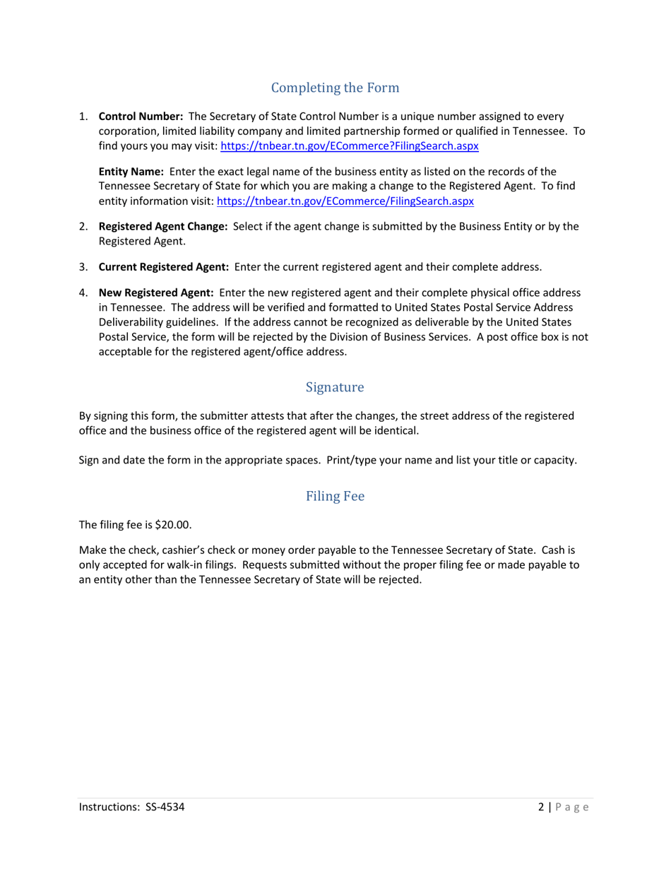 Form SS-4534 Statement of Change of Registered Agent / Office by Entity or Agent - Tennessee, Page 2