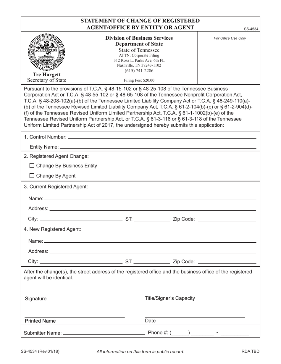 Form SS-4534 Statement of Change of Registered Agent / Office by Entity or Agent - Tennessee, Page 3