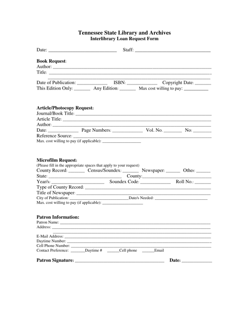 Interlibrary Loan Request Form - Tennessee Download Pdf