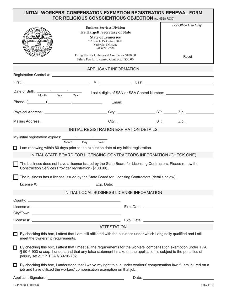 Form SS-4528 RCO Initial Workers Compensation Exemption Registration Renewal Form for Religious Conscientious Objection - Tennessee, Page 5