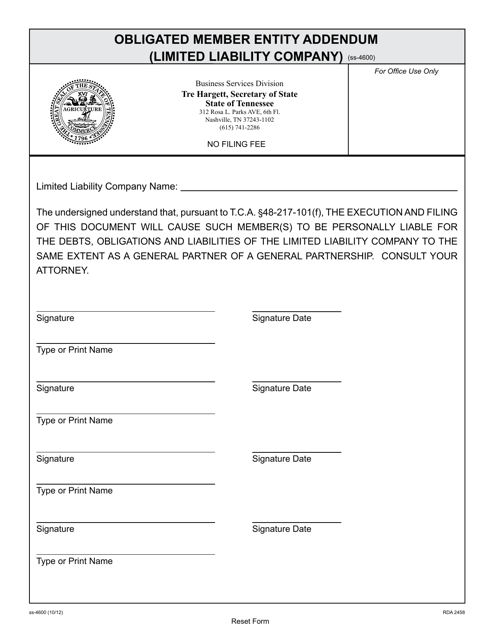 Form SS-4600 Obligated Member Entity Addendum (Limited Liability Company) - Tennessee