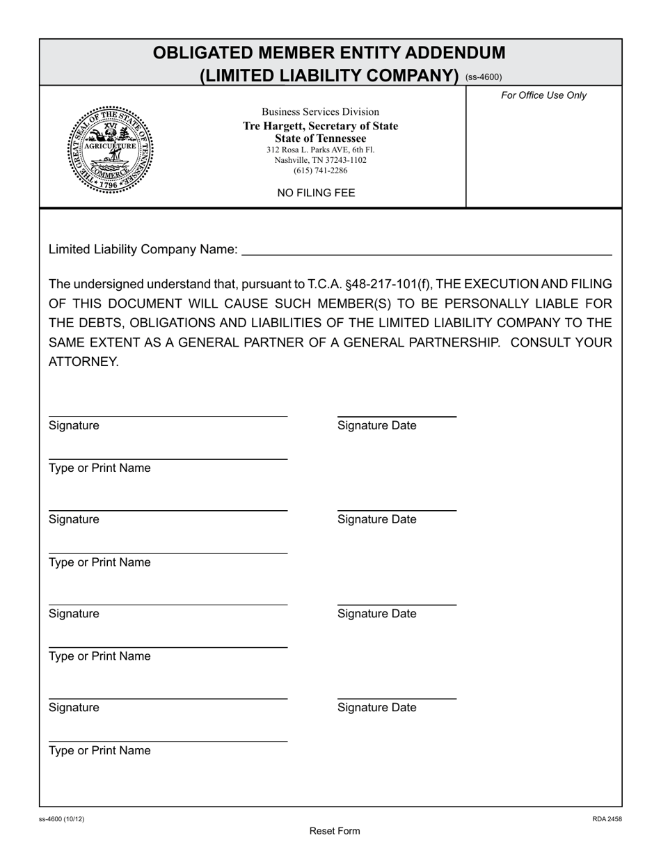 Form SS-4600 Obligated Member Entity Addendum (Limited Liability Company) - Tennessee, Page 1