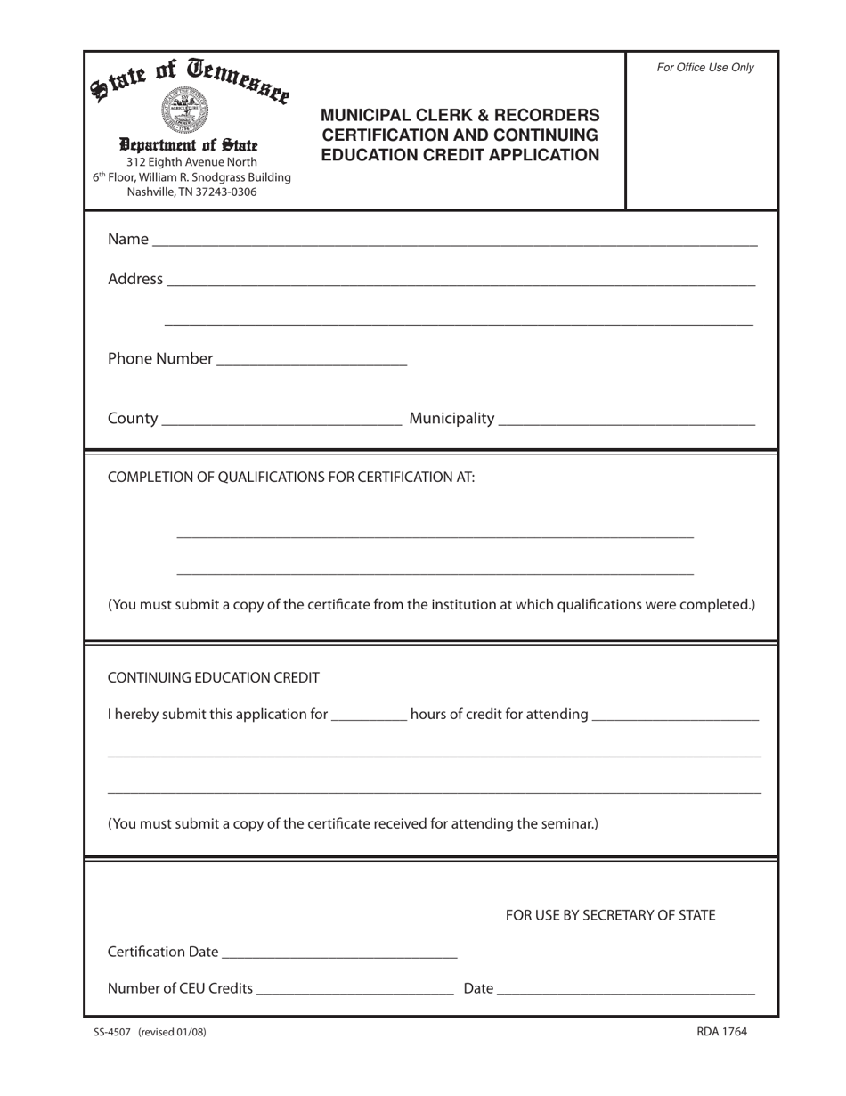 Form SS-4507 Municipal Clerk  Recorders Certification and Continuing Education Credit Application - Tennessee, Page 1