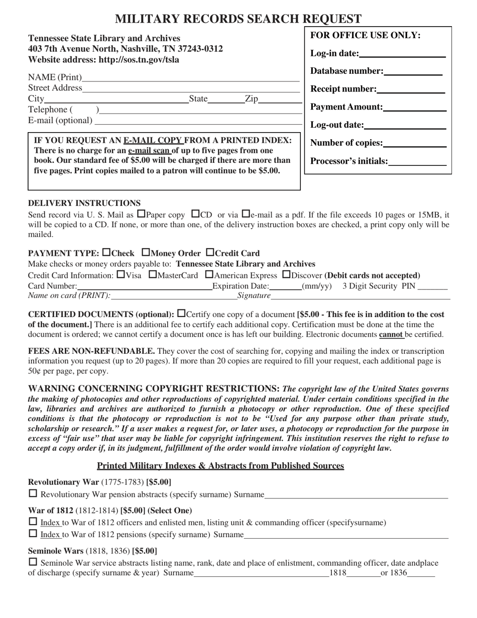Form SS-2236 Military Records Search Request - Tennessee, Page 1