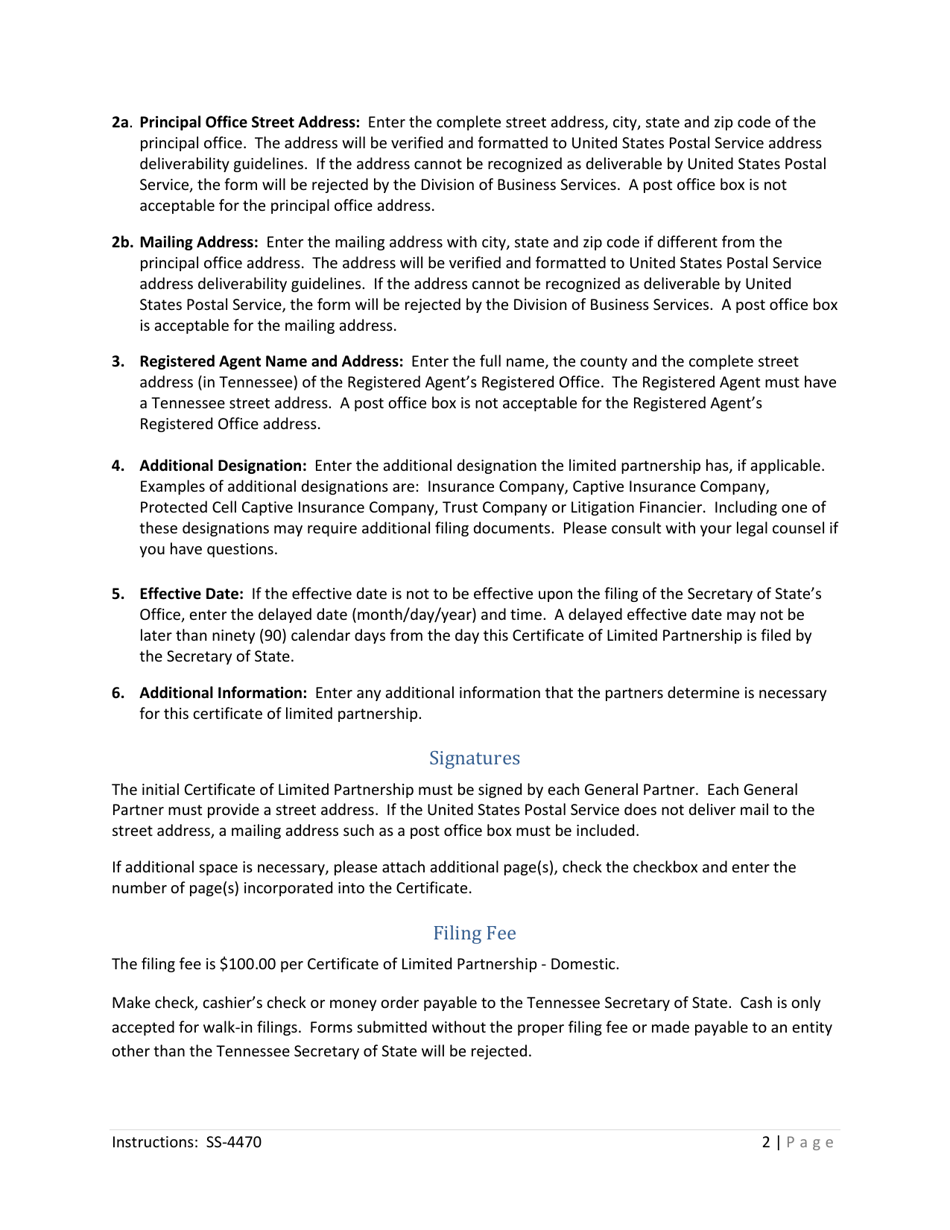 Form SS-4470 Certificate of Limited Partnership- Domestic - Tennessee, Page 2