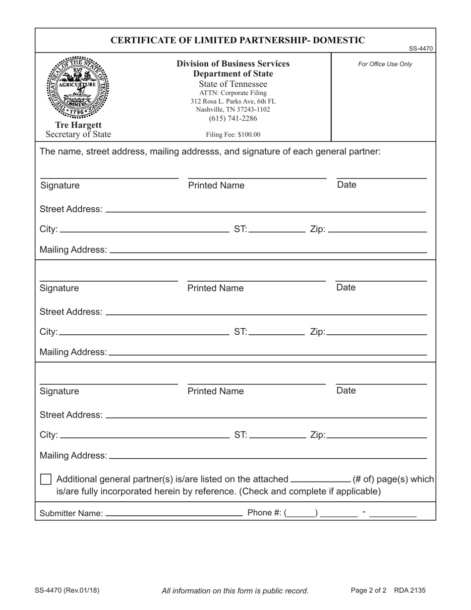 Form SS-4470 Certificate of Limited Partnership- Domestic - Tennessee, Page 4
