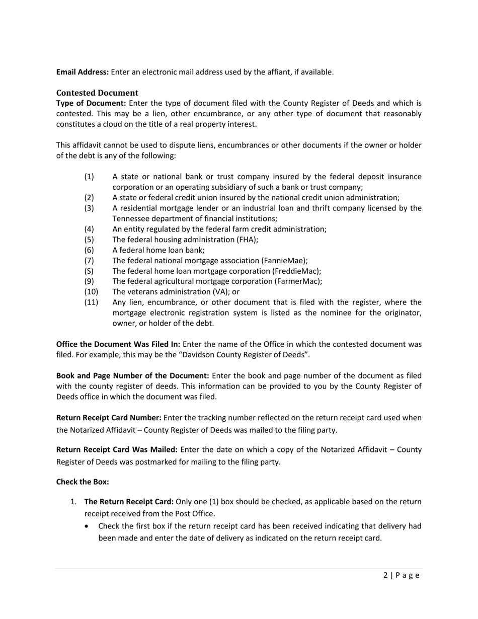 County Register of Deeds - Uncontested Lien Affidavit - Tennessee, Page 2