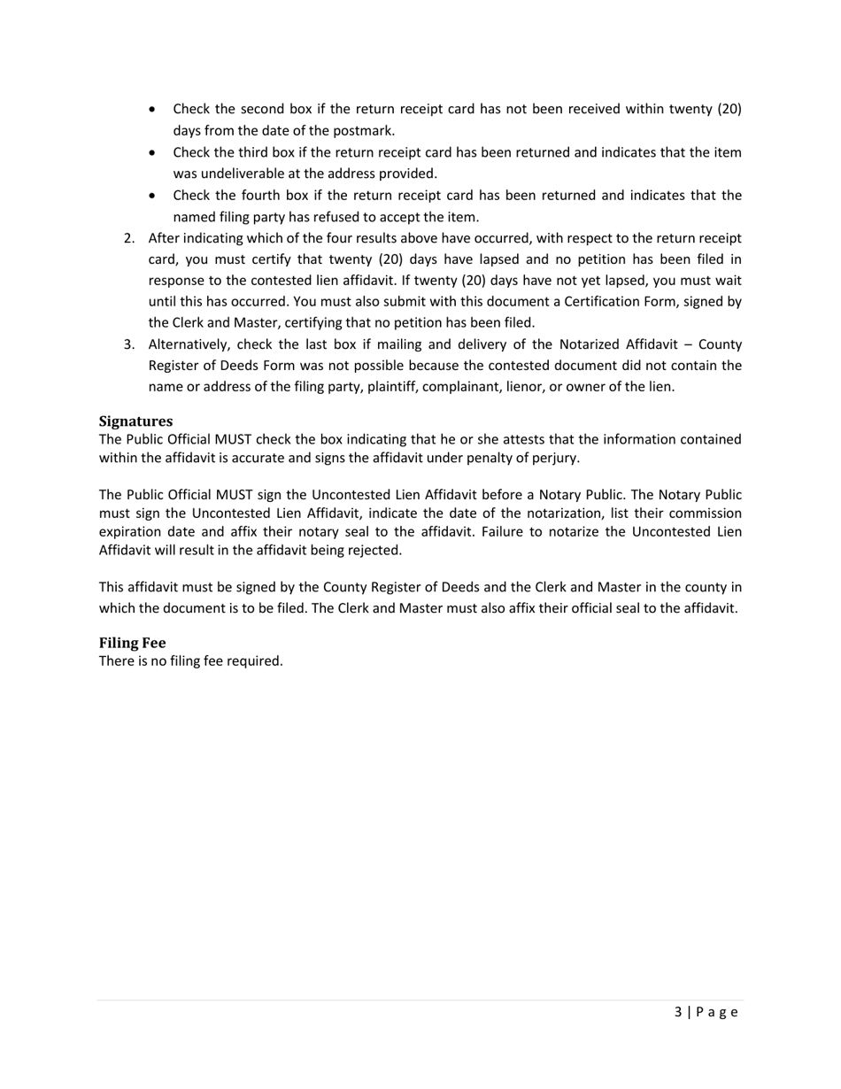 County Register of Deeds - Uncontested Lien Affidavit - Tennessee, Page 3