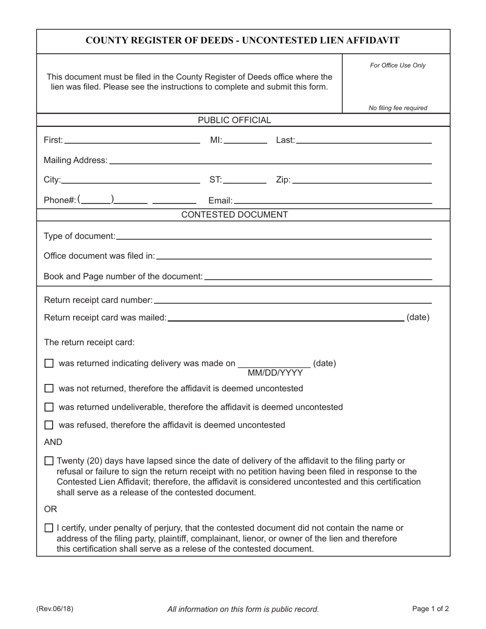 Tennessee County Register of Deeds Uncontested Lien Affidavit Fill
