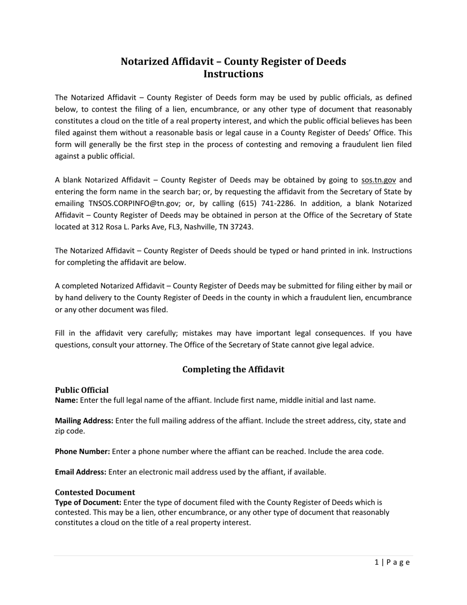 Tennessee Notarized Affidavit County Register of Deeds Fill Out