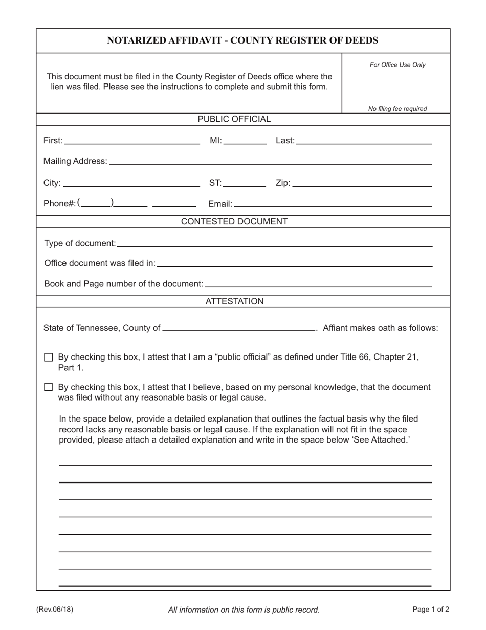 Tennessee Notarized Affidavit County Register of Deeds Fill Out