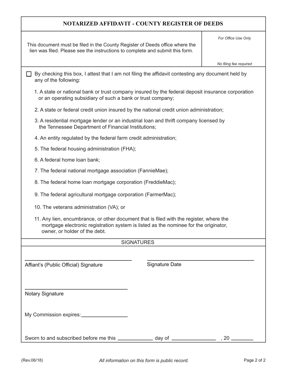 Tennessee Notarized Affidavit County Register of Deeds Fill Out