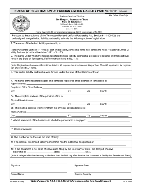 Form SS-4486 Notice of Registration of Foreign Limited Liability Partnership - Tennessee