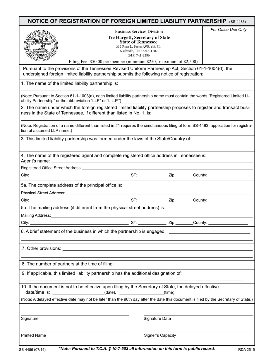 Form SS-4486 Notice of Registration of Foreign Limited Liability Partnership - Tennessee, Page 1