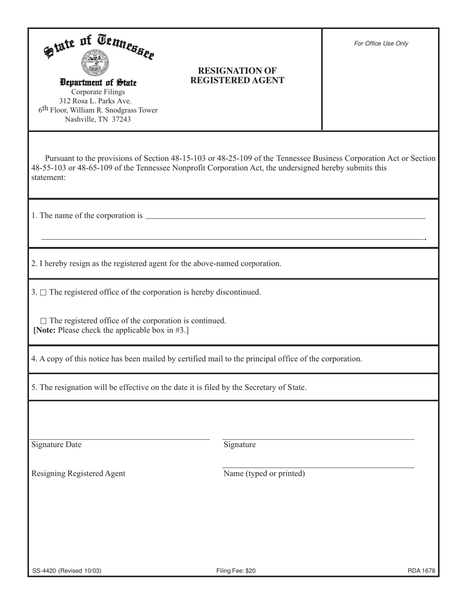 Form SS-4420 Resignation of Registered Agent - Tennessee, Page 1