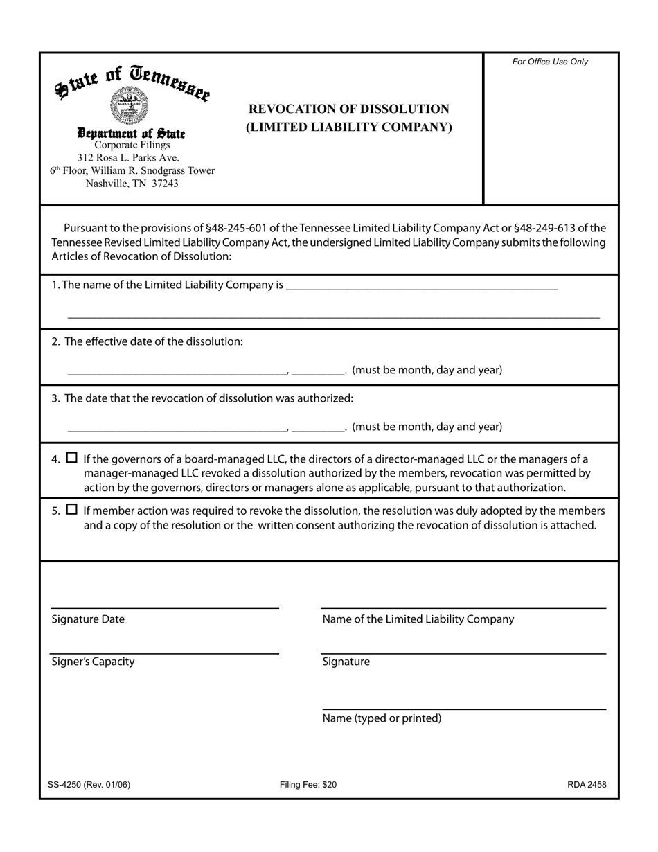 Form SS-4250 Revocation of Dissolution (Limited Liability Company) - Tennessee, Page 1