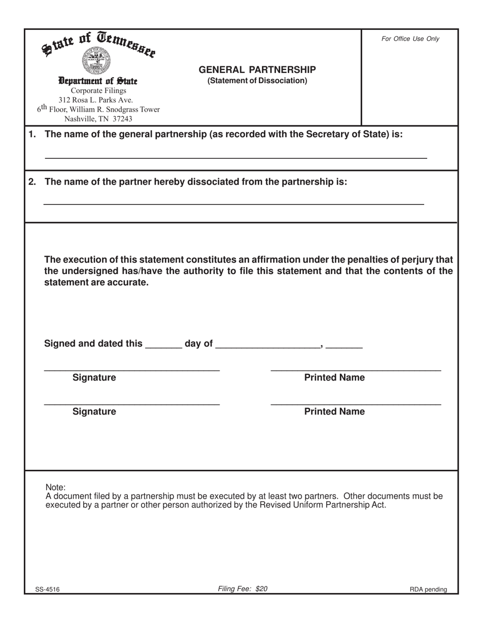 Form SS-4516 General Partnership (Statement of Dissociation) - Tennessee, Page 1
