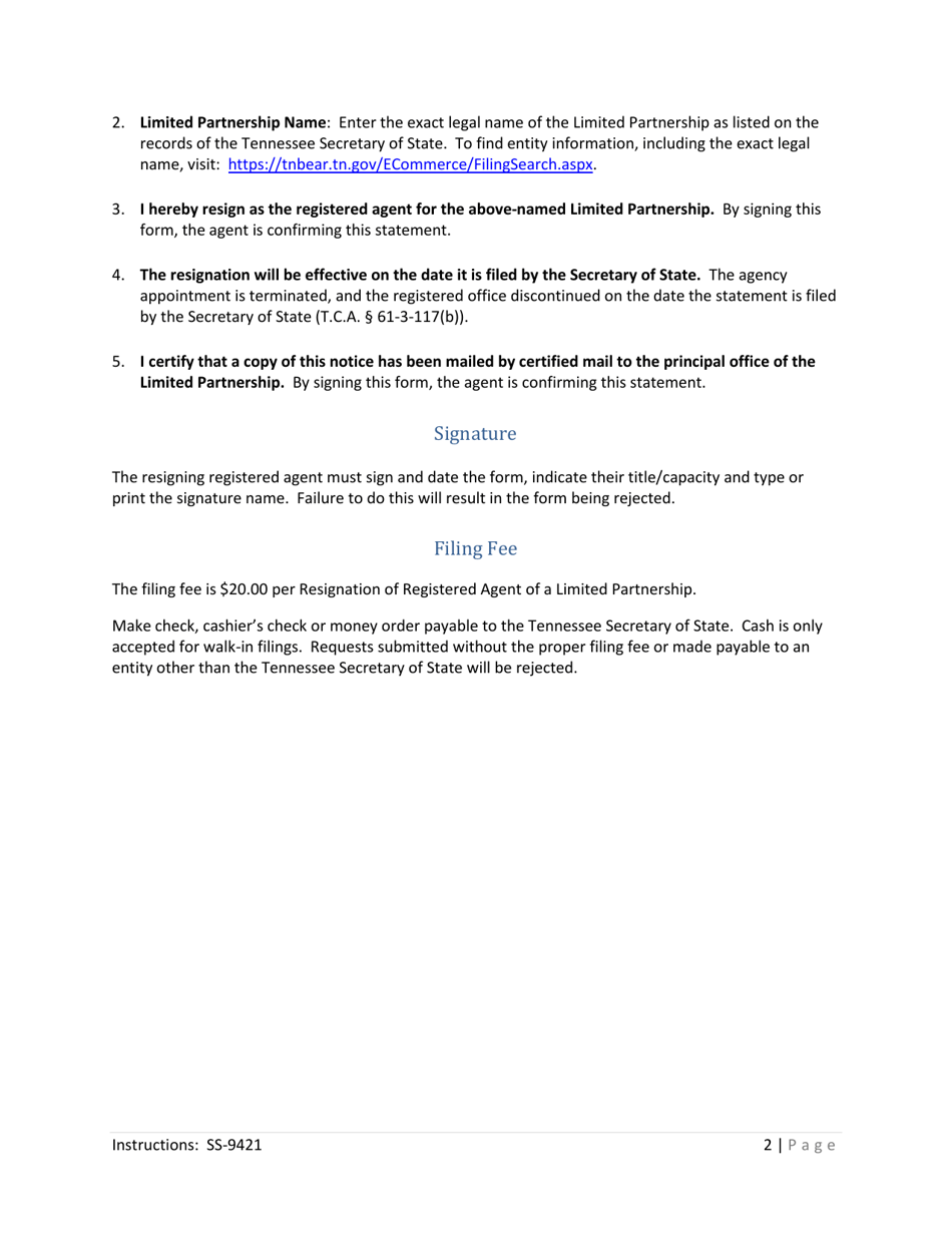 Form SS-9421 Resignation of Registered Agent of a Limited Partnership - Tennessee, Page 2