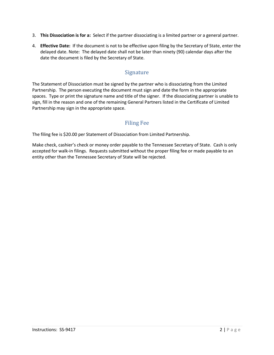 Form SS-9417 Statement of Dissociation From Limited Partnership - Tennessee, Page 2
