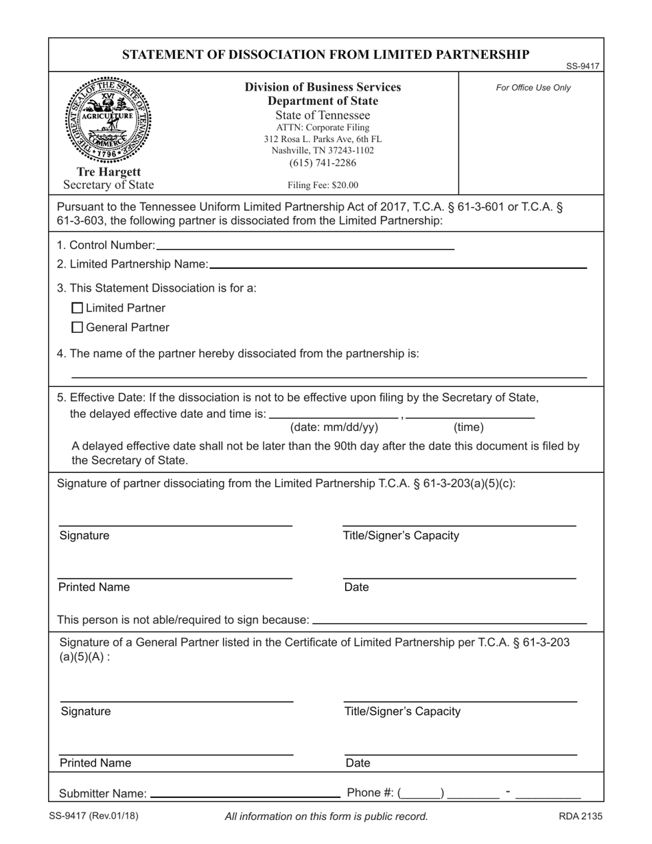 Form SS-9417 Statement of Dissociation From Limited Partnership - Tennessee, Page 3
