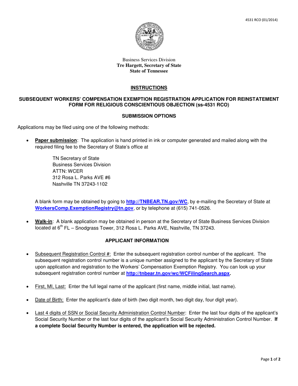 Form SS-4531 RCO Subsequent Workers Compensation Exemption Registration Application for Reinstatement for Religious Conscientious Objection - Tennessee, Page 1