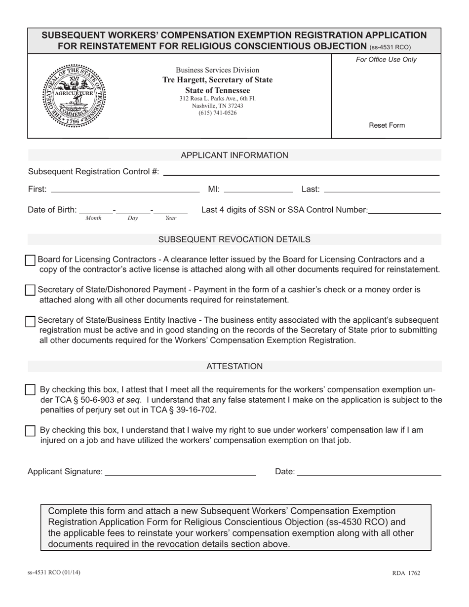 Form SS-4531 RCO Subsequent Workers Compensation Exemption Registration Application for Reinstatement for Religious Conscientious Objection - Tennessee, Page 3