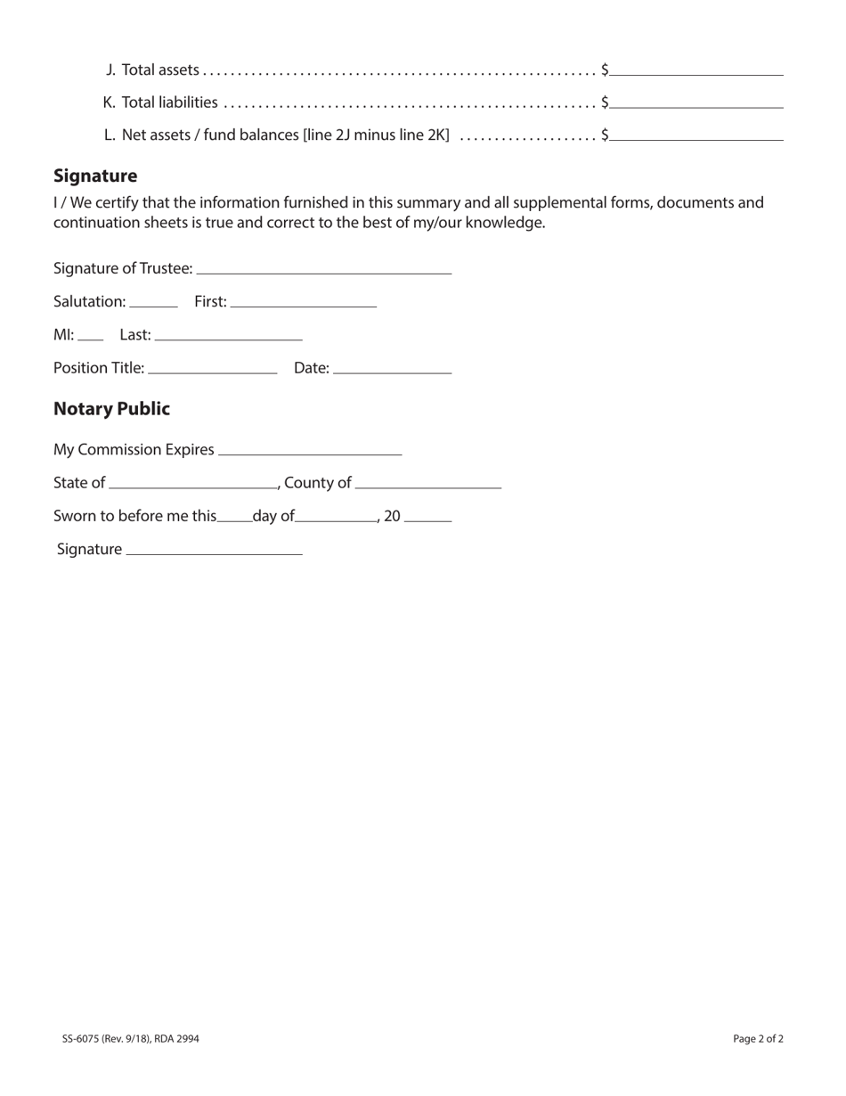 Form SS-6075 Summary of Financial Activities of a Catastrophic Illness Trust - Tennessee, Page 2