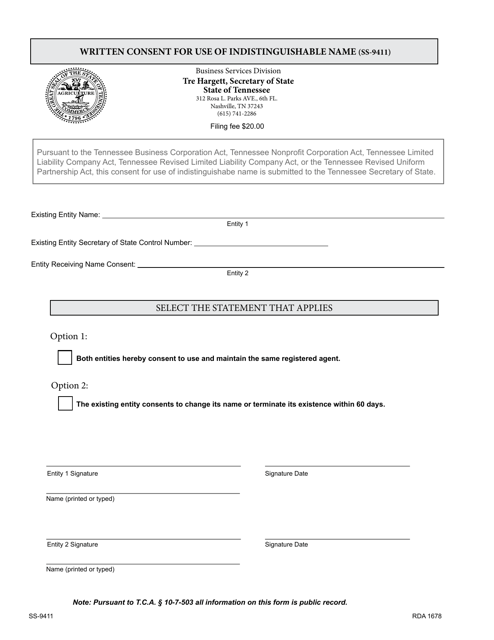 Form SS-9411 Written Consent for Use of Indistinguishable Name - Tennessee