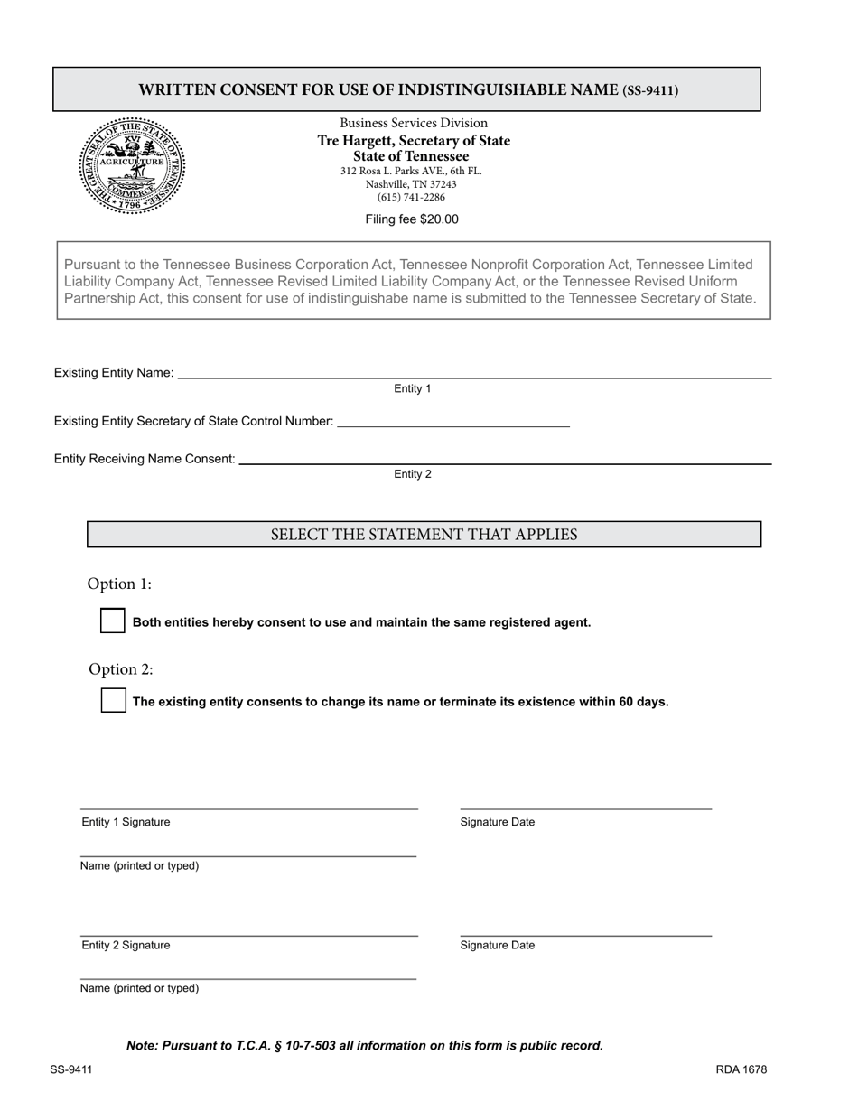 Form SS-9411 Written Consent for Use of Indistinguishable Name - Tennessee, Page 1