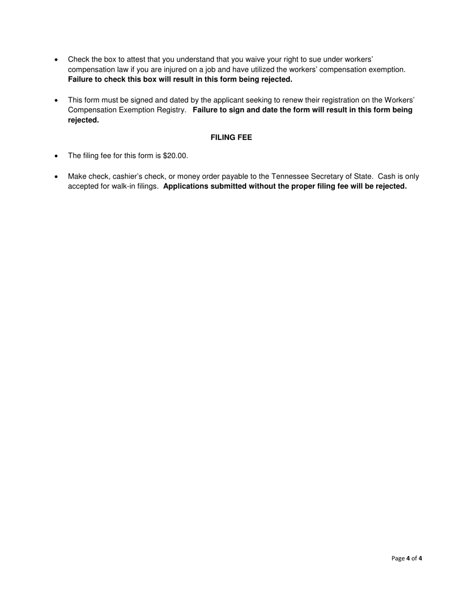 Form SS-4532 RCO Subsequent Workers Compensation Exemption Registration Renewal Form for Religious Conscientious Objection - Tennessee, Page 4