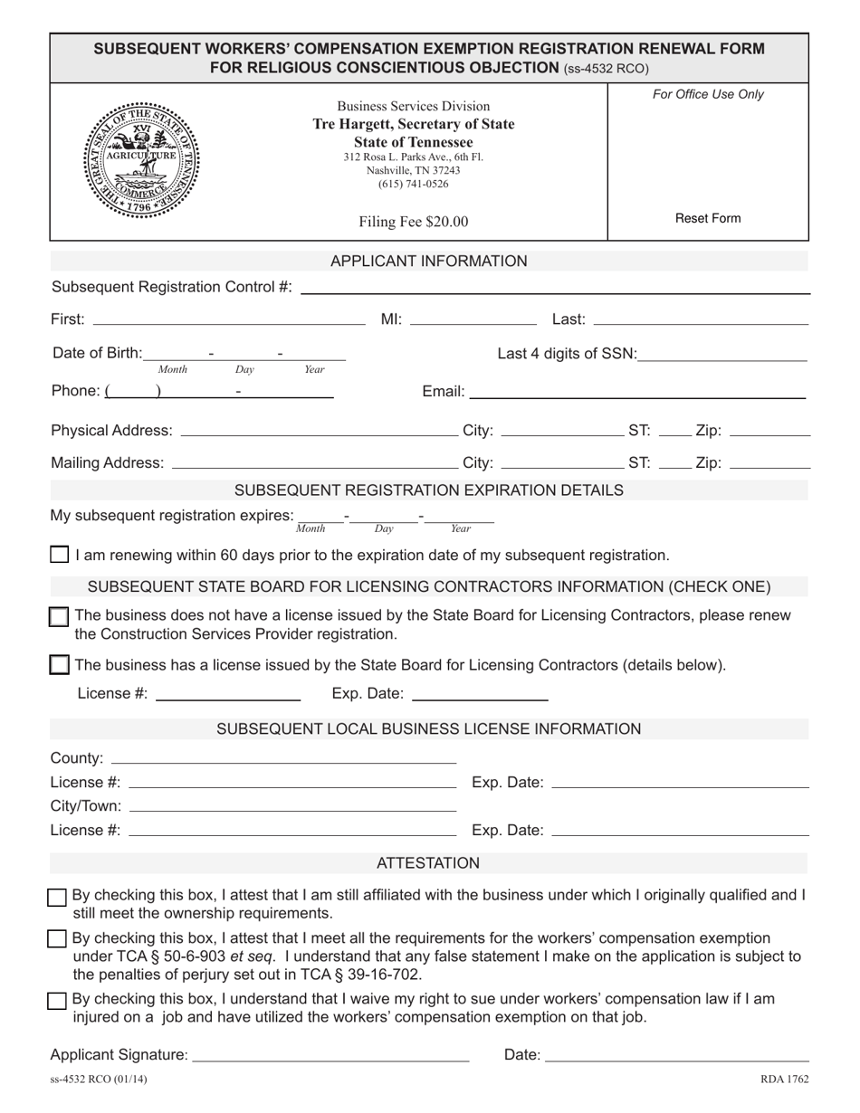 Form SS-4532 RCO Subsequent Workers Compensation Exemption Registration Renewal Form for Religious Conscientious Objection - Tennessee, Page 5