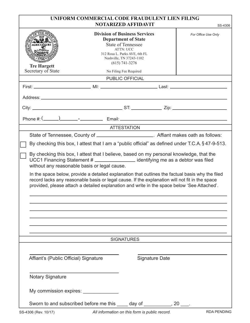 Form SS-4306 Uniform Commercial Code Fraudulent Lien Filing Notarized Affidavit - Tennessee, Page 3