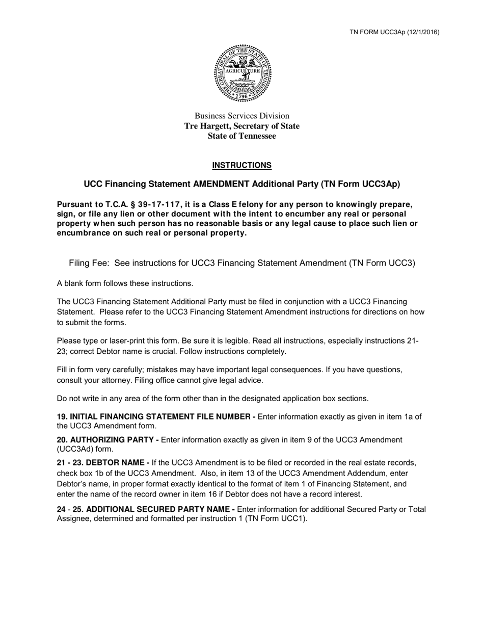 Form UCC3AP Ucc Financing Statement Amendment Additional Party - Tennessee, Page 1