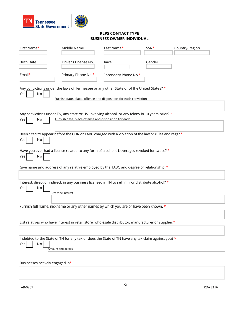 Form AB-0207 Rlps Contact Business Owner Individual - Tennessee, Page 1