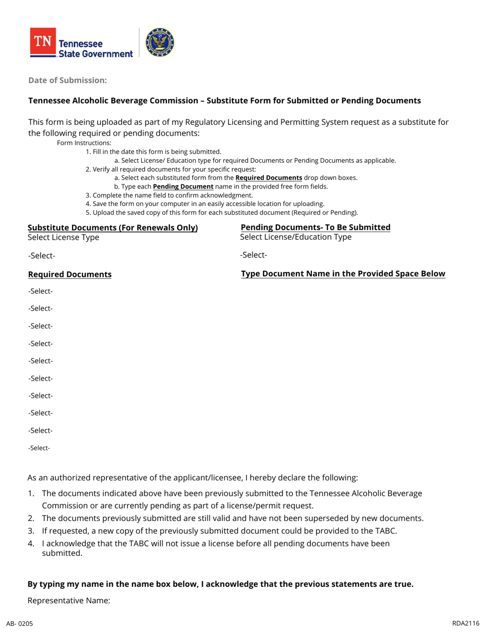 Form AB-0205 Substitute Form for Submitted or Pending Documents - Tennessee, Page 1