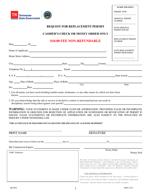 Form AB-0201 Request for Replacement Permit - Tennessee