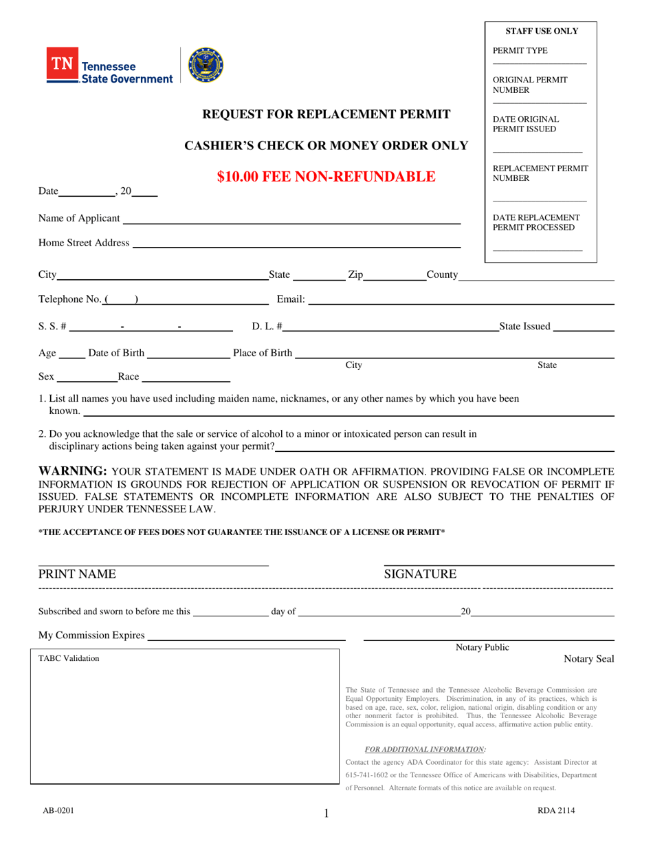 Form AB-0201 Request for Replacement Permit - Tennessee, Page 1