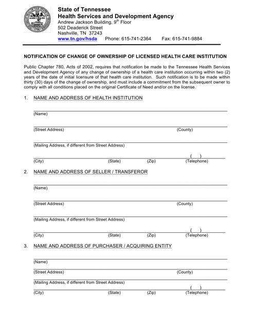Form HF-0049 Notification of Change of Ownership of Licensed Health Care Institution - Tennessee