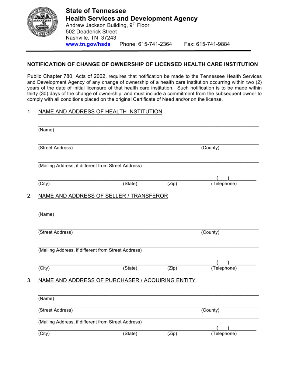 Form HF-0049 Notification of Change of Ownership of Licensed Health Care Institution - Tennessee, Page 1