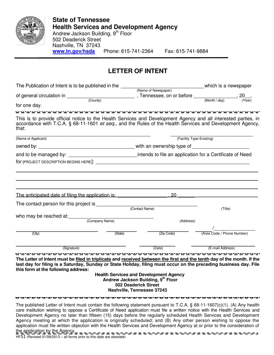 Form HF51 Letter of Intent - Tennessee, Page 3