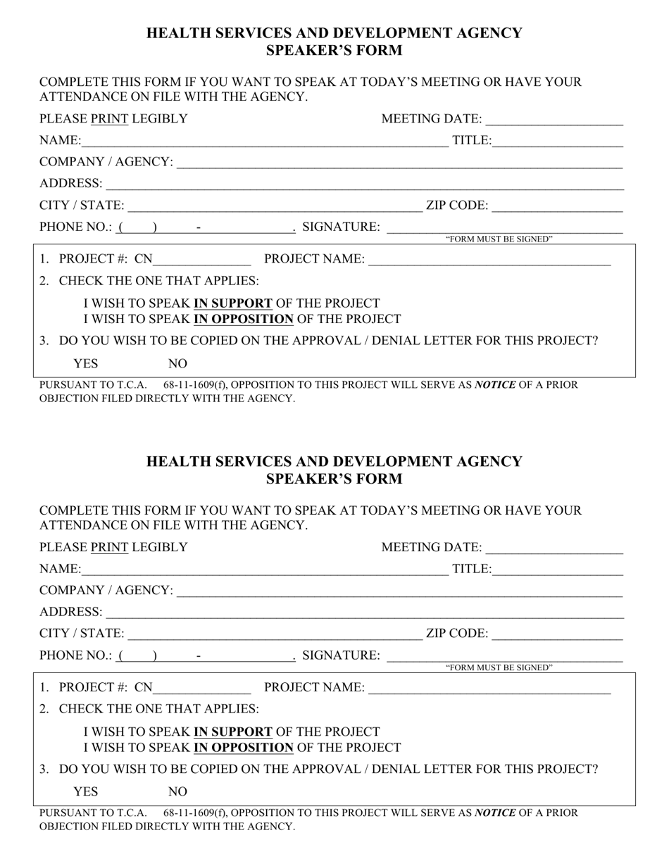 Speakers Form - Tennessee, Page 1