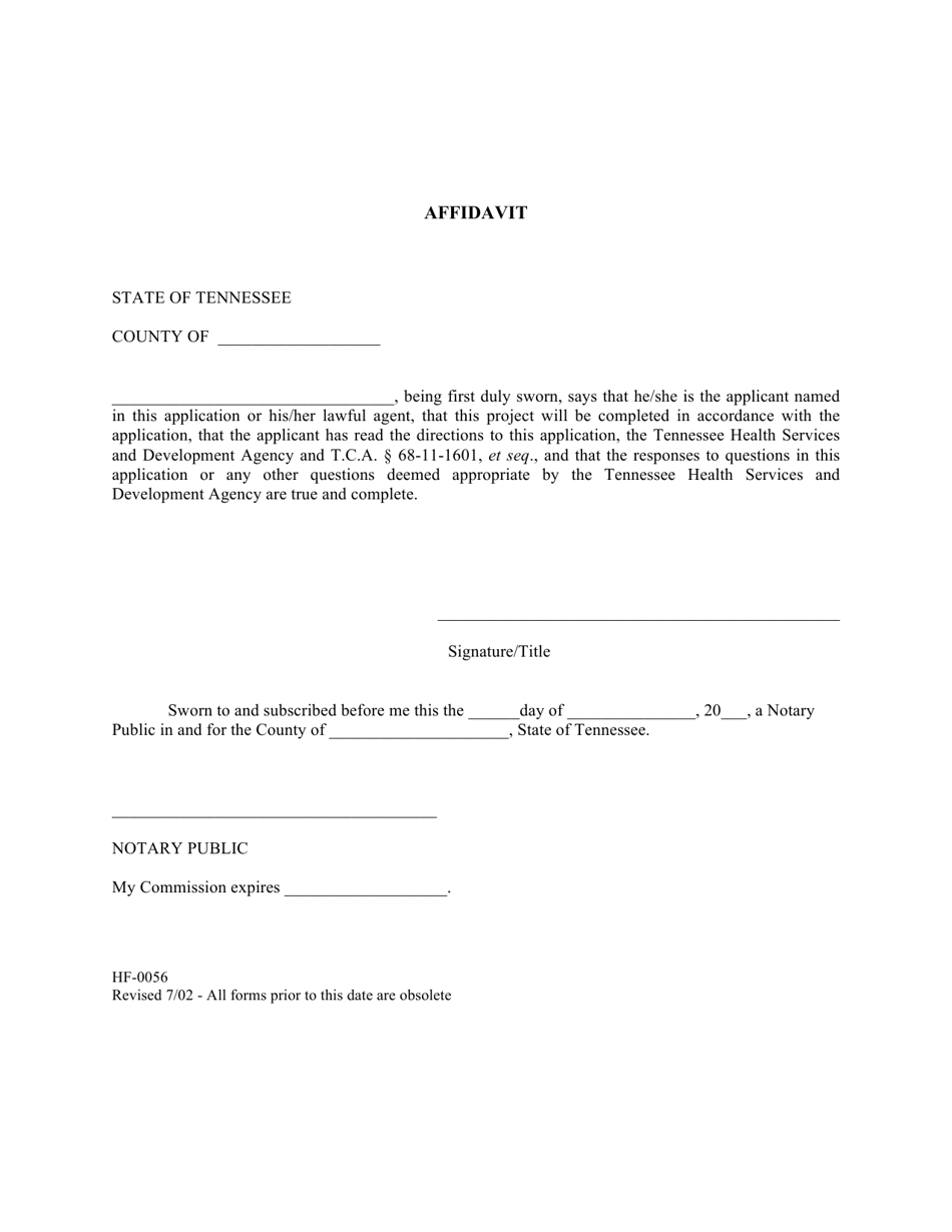 Form HF-0056 Affidavit for Application - Tennessee, Page 1