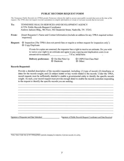 Public Records Request Form - Tennessee Download Pdf